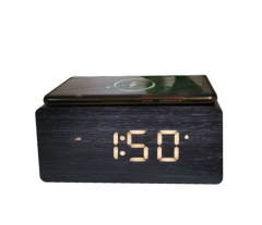HX-TTH-03 Large Wireless Charging Bamboo LED Alarm Clock