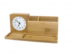 HX-1030ZA Sweep Movement Quartz Bamboo Table Desk Clock Penholder