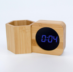 HX-3040ZB Bamboo Pen Holder Clock With LED Clock