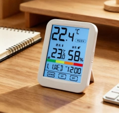Indoor and outdoor digital large screen alarm clock, time and date, comfort indicator, backlit body temperature and humidity meter